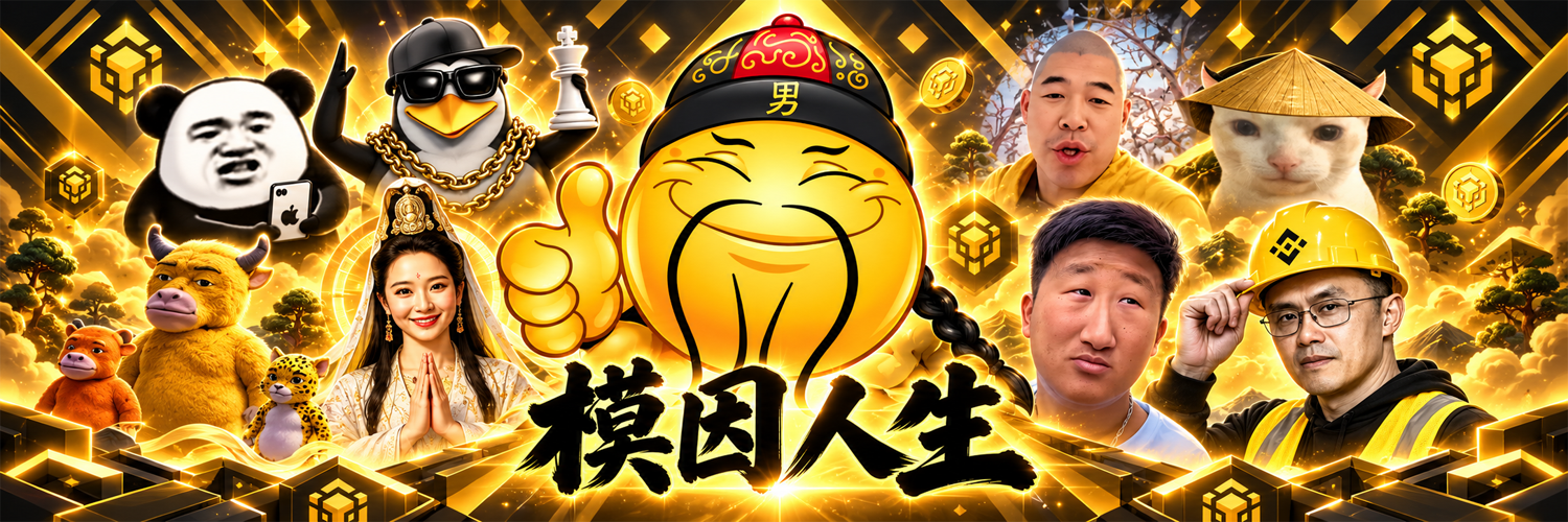 模因人生横幅：金色笑脸居中，周围是社区模因角色，黑金背景